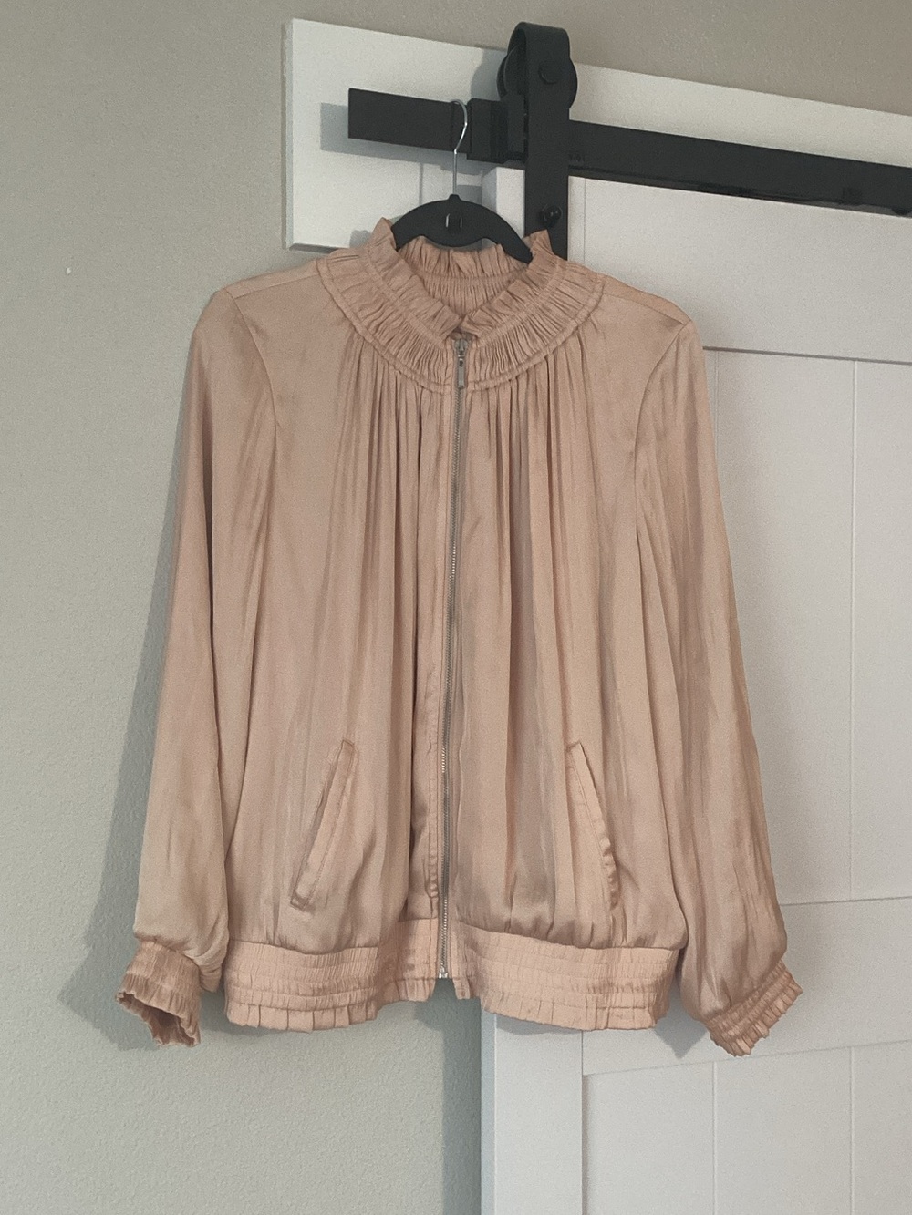 Chico's Blush Pink Ruffle-Trim Zip Front Bomber Jacket